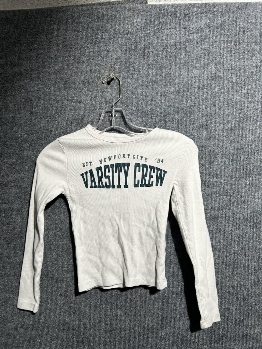 Zara Shirt Youth 10 White Varsity Crew Newport City Graphic Long Sleeve Ribbed